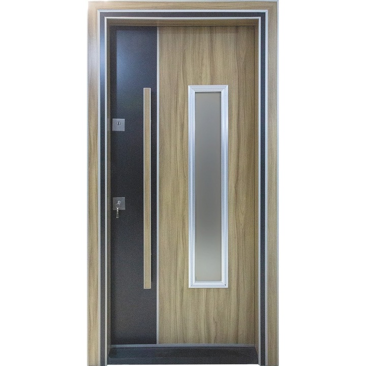 Usa metalica de exterior cu izolatie si vizor Novo Doors NDS1000H, Din compozit, Deschidere dreapta, 2 yale, dimensiune 208X100 cm, Cu geam securizat, Interior alb, Kit complet, Pentru case si apartamente, Stejar Deschis