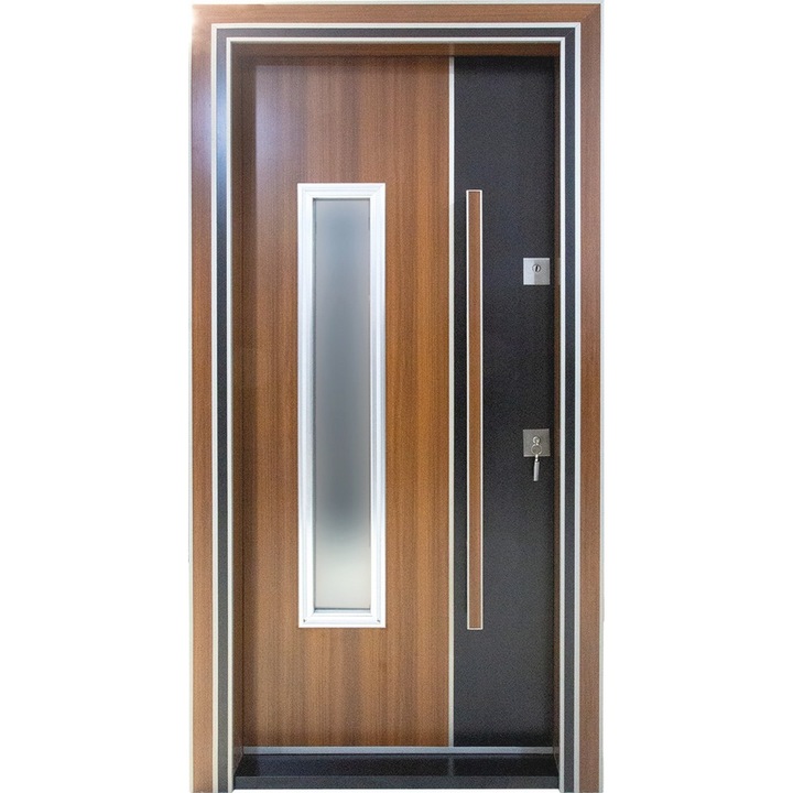 Usa metalica de exterior cu izolatie si vizor Novo Doors NDS1000T, Din compozit, Deschidere stanga, 2 yale, dimensiune 208X100 cm, Cu geam securizat, Interior alb, Kit complet, Pentru case si apartamente, Nuc