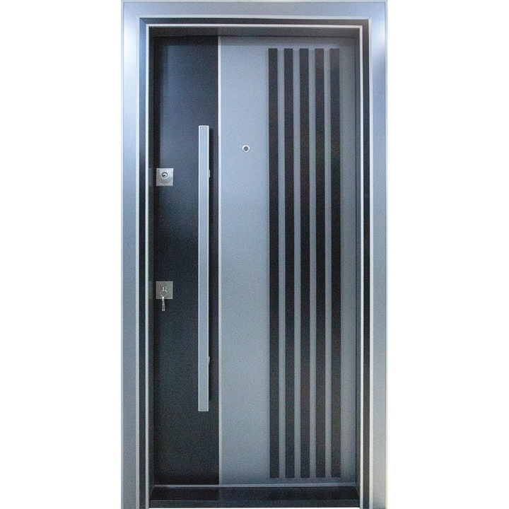 Usa metalica de exterior cu izolatie si vizor Novo Doors NDS1000GA, Din compozit, Deschidere dreapta, 2 yale, dimensiune 208X100 cm, Cu riflaj, Interior alb, Kit complet, Pentru case si apartamente, Gri Antracit