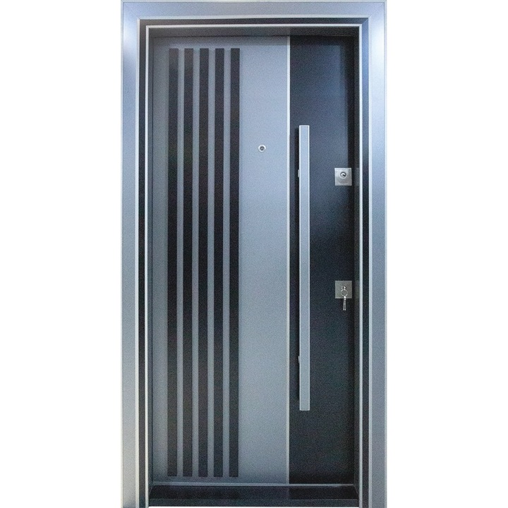 Usa metalica de exterior cu izolatie si vizor Novo Doors NDS1000GA, Din compozit, Deschidere stanga, 2 yale, dimensiune 208X100 cm, Cu riflaj, Interior alb, Kit complet, Pentru case si apartamente, Gri Antracit