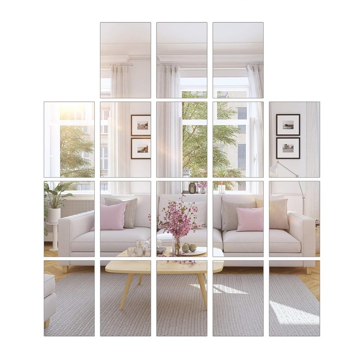 Set 18 Oglinzi Acrilice Autoadezive Luxer, Model Dreptunghi, Dimensiuni 15x10 cm, Silver