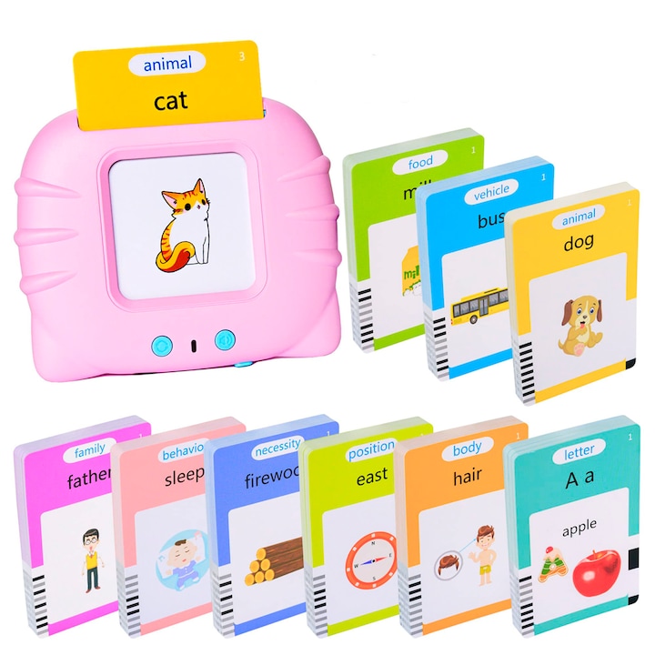 Детски образователни играчки, комплект обучаваща машина с четец на карти, 112 флаш карти 224 думи, +3 години, розови