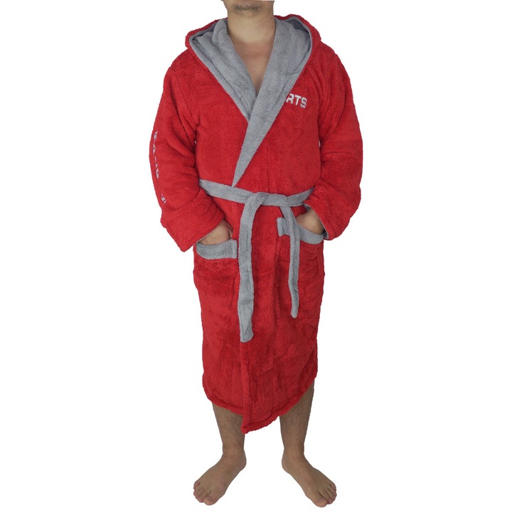 Halat baie barbati, model M.Sports, MENZ®, bumbac, buzunare, cordon, gluga, rosu-gri, XL-2XL