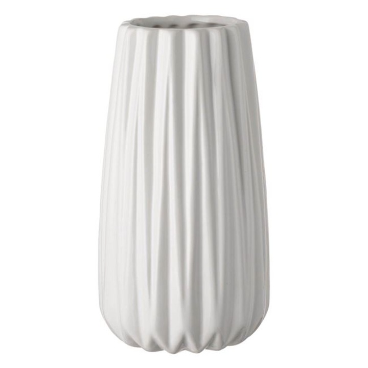 Бяла керамична декоративна ваза за цветя с вертикални ивици Ø12x19см