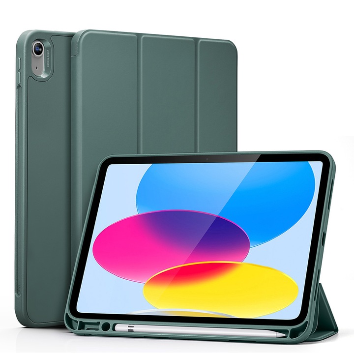 Защитен флип капак за таблет, съвместим с Apple iPad 10 2022, 10.9", Rebound Pencil, със стойка, слот за писалка, екологична кожа, тъмно зелен