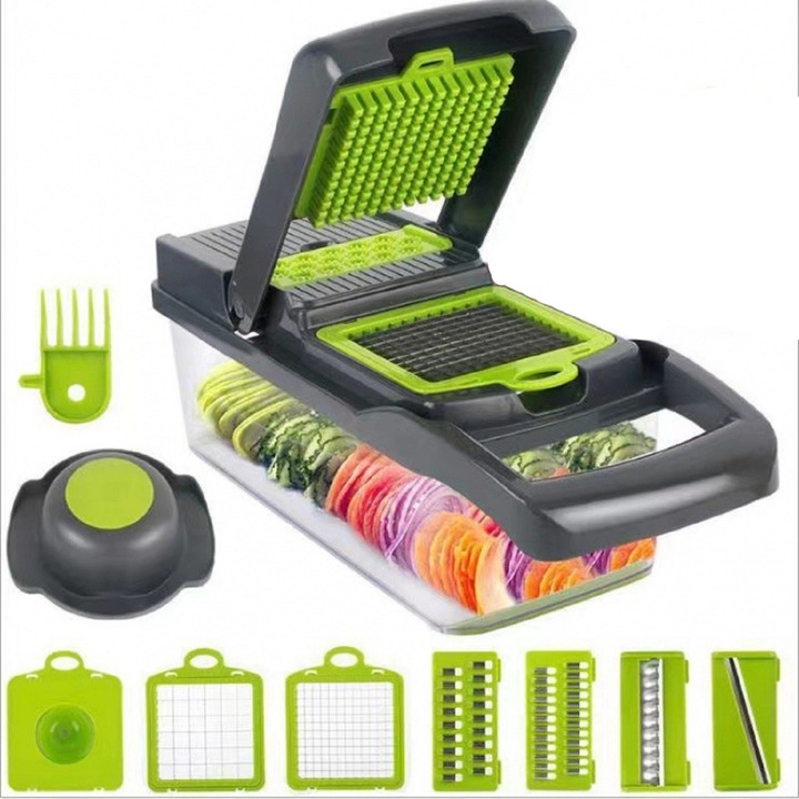 Razatoare multifunctionala 9 accesorii, calitate superioara, model 2023, tocator legume si fructe, lama din inox si maner de protectie, ideala pentru bucatarie, verde