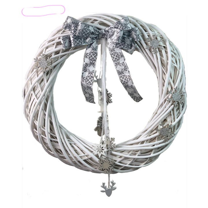 Coronita alba din ratan, accesorizata cu funda argintie si decoratiuni din lemn, handmade, alb, argintiu, 50 cm