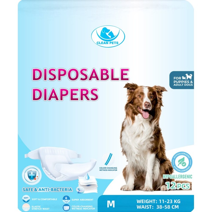 Scutece Clean Pets pentru caini Femele talie medie (M, 38-58 cm), 12 buc