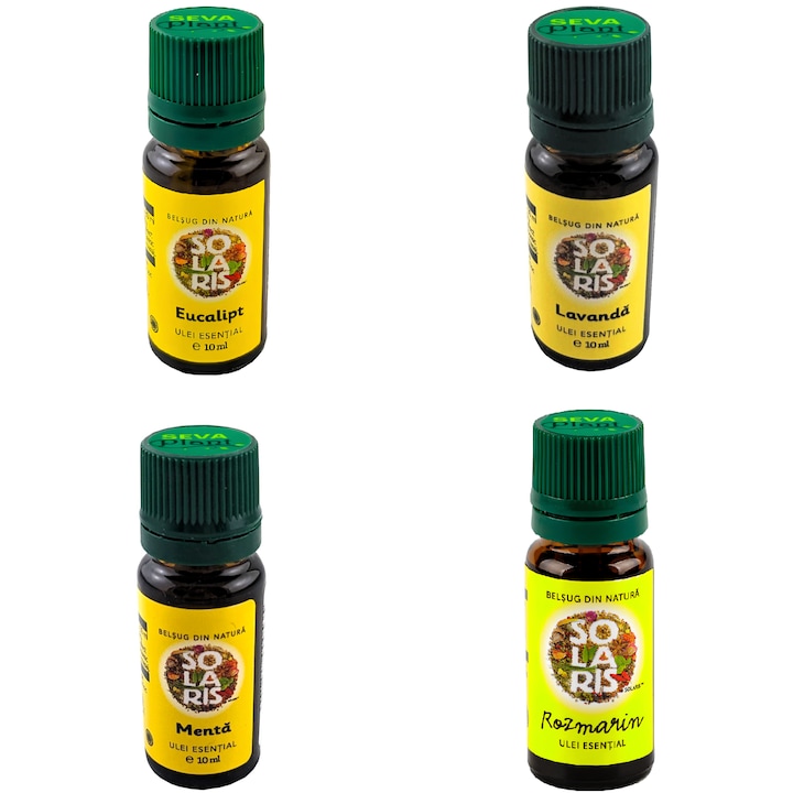 Set 4 uleiuri esentiale de baza, Eucalipt, Lavanda, Menta, Rozmarin, 100% naturale, fara aditivi, 4 x 10ml, Solaris Plant