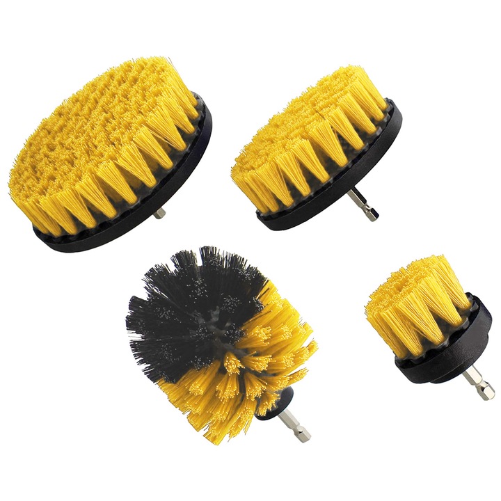 Set 4 perii de curatare cu adaptor rotative din, Minetgnon®, diferite marimi, Pentru curatarea covoarelor, nvelopele masinii, pentru bormasina, autofiletanta sau masina de gau, Polipropilena/Plastic, Galben/Negru