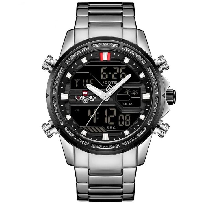 Мъжки ръчен часовник Naviforce Sport Ежедневен хронограф Моден, кварцов цифров аналогов военен стил Армейски, сребрист