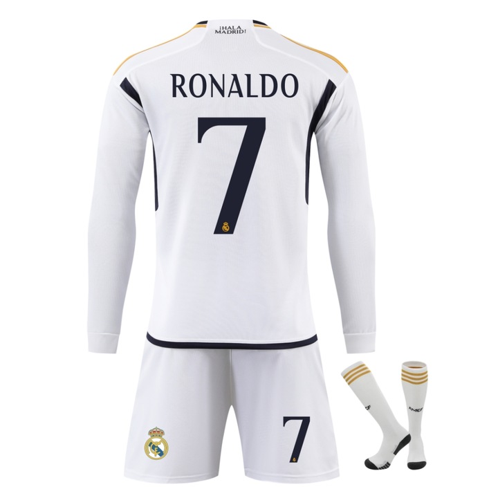 Echipament sportiv copii Real Madrid Ronaldo Maneci Lungi Fotbal Tricou Set, Poliester, Alb, Alb