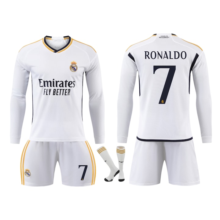 Комплект футболна фланелка с дълъг ръкав на Реал Мадрид Роналдо за деца, спортна екипировка, полиестер, бял, Бял