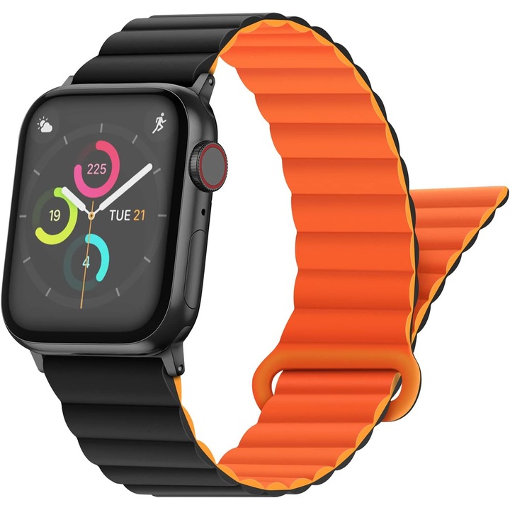Curea smartwatch, Matcheasy, Silicon, Compatibila cu Apple Watch 42/44/45/46/49mm, Magnetic, Negru/Portocalie