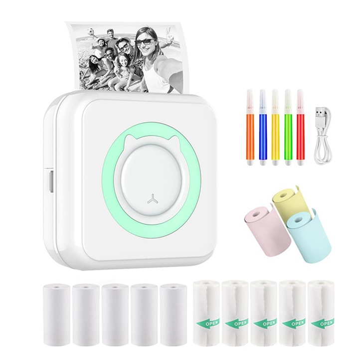 Set Mini imprimanta termica si 13 role hartie 57x25mm, Set de stilouri colorate, Bluetooth, compatibil iOS/Android, imprimare APP, NAXSIR, Alb/Albastru