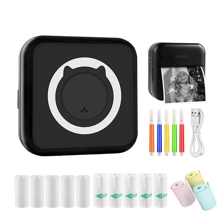 Set Mini imprimanta termica si 13 role hartie 57x25mm, Set de stilouri colorate, Bluetooth, compatibil iOS/Android, imprimare APP, NAXSIR, Negru