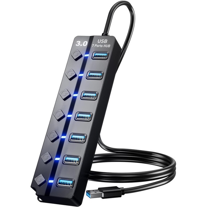 USB хъб, 7в1, бутон за включване/изключване, LED, черен