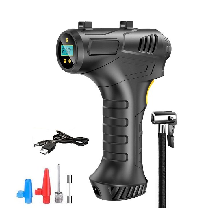 Mini Compresor Auto Tip Pistol, Maxim 10 BAR / 150 PSI, Display Digital cu LED Programabil, Negru
