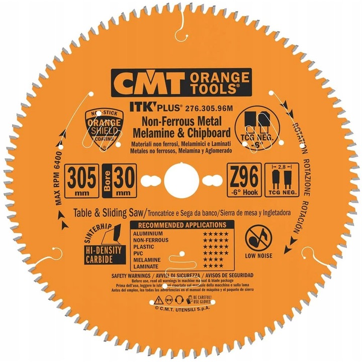 Нож за трион, CMT, карбид / тефлон, 96Z, 305 x 30 mm, оранжев