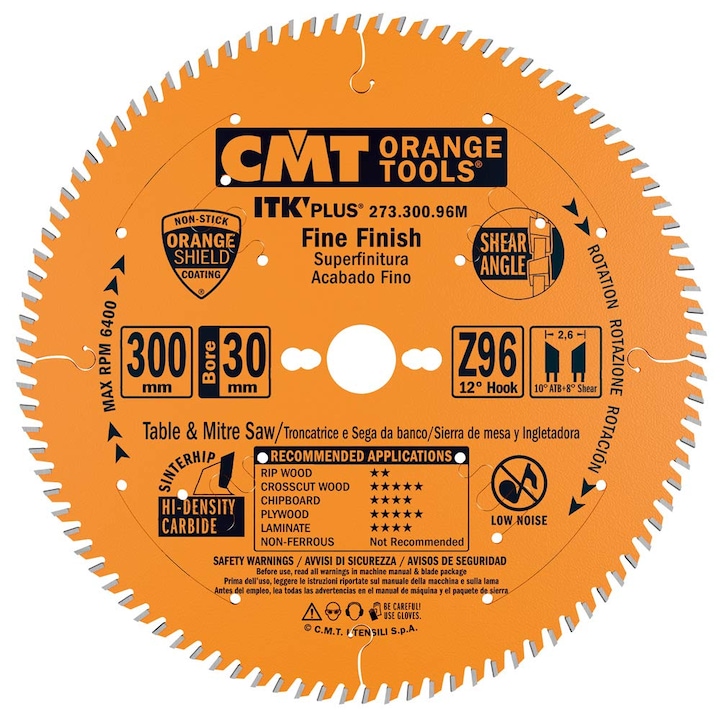 Режещ диск за дърво, CMT, стомана / PTFE, 96Z, 300 x 30 mm, оранжев