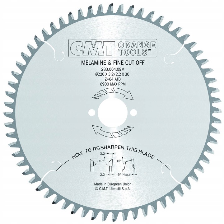 Нож за трион за ПДЧ/MDF CMT Orange Tools, Steel, 220mm, 64 зъба, Silver