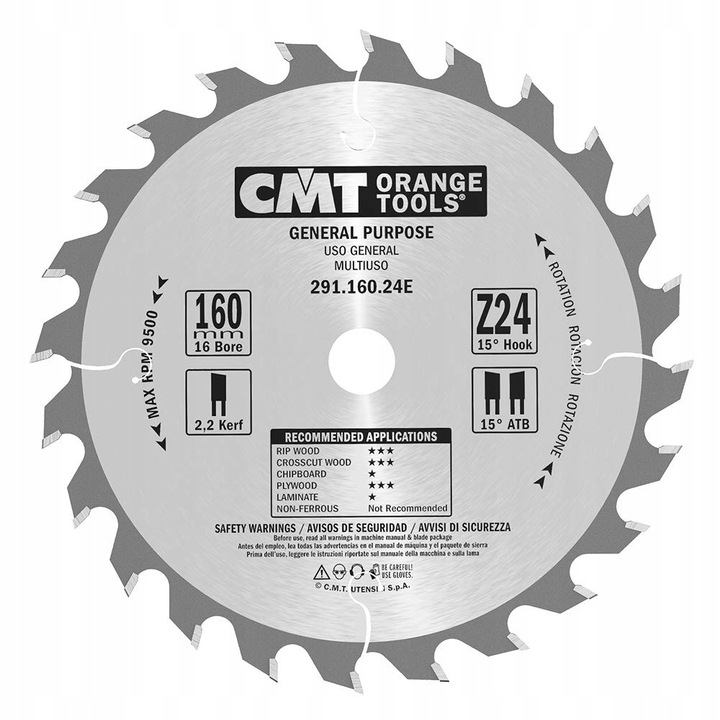 Нож за трион, CMT 160x16mm, 24 зъба, тефлон, за рязане на дърво
