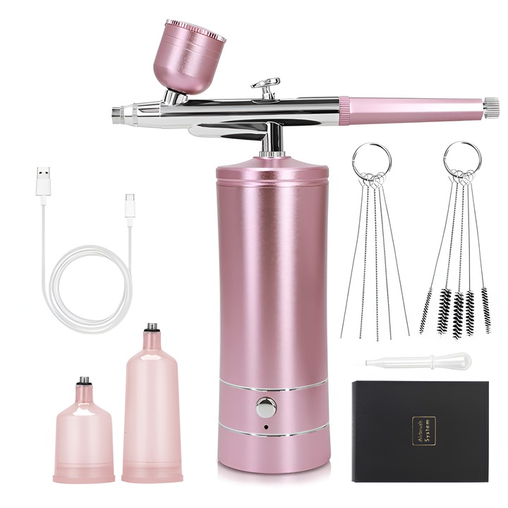 Преносим комплект airbrush airbrush с компресор HASEPE, ръчна пръскачка, дюза 0,3 mm, безжична, за маникюр, рисуване на тяло, полуперманентна татуировка, декориране на торти, розово
