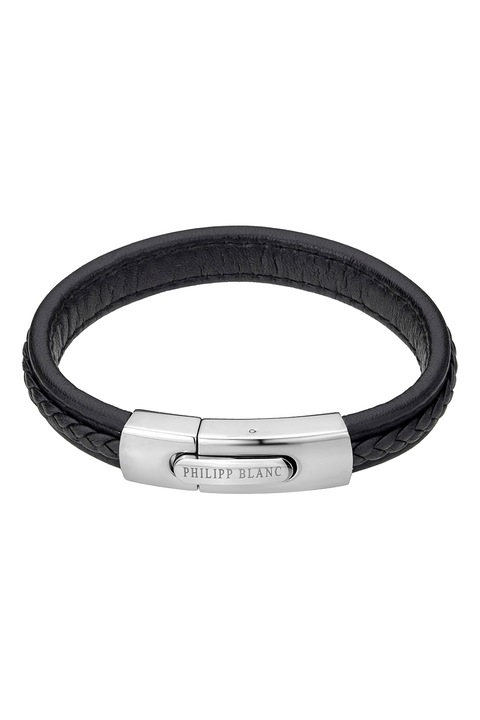 Philipp Blanc, Bőr karkötő logós részlettel, Fekete, Ezüstszín