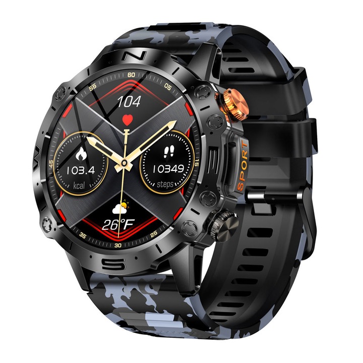 Мъжки смарт часовник NUBI K59, Bluetooth разговор, AMOLED Дисплей, Резолюция 466*466, Стъпки, Пулс, Калории, Кръвно налягане, Дистанционна камера, Хронограф, Консумация на калории, Черен / Камуфлаж