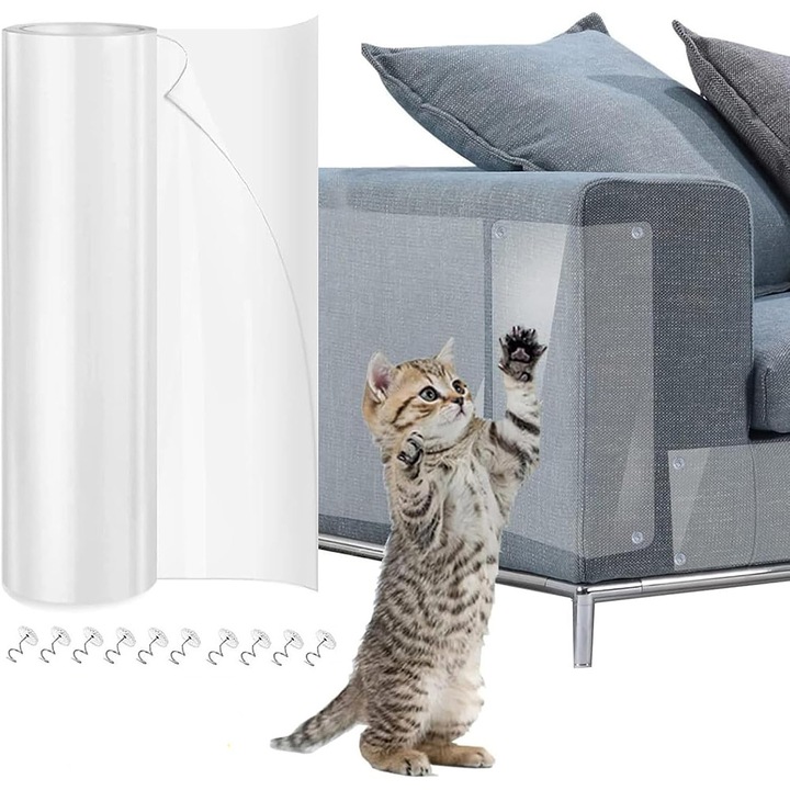 Folie de protectie pentru a impiedica animalele de companie sa zgarie mobila canapea, BOMSTOM, 30*500cm, Pat, Canapea, Scaun, Usa, Covor, Polietilena Autoadeziva, Rezistenta la Apa, cu agrafe, Transparent