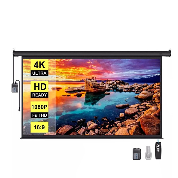 Прожекционен екран 100 инча 16:9 Поддържа 1080P/3D 4K, MOSMAOO, Electric HD Кино ниво, Черен