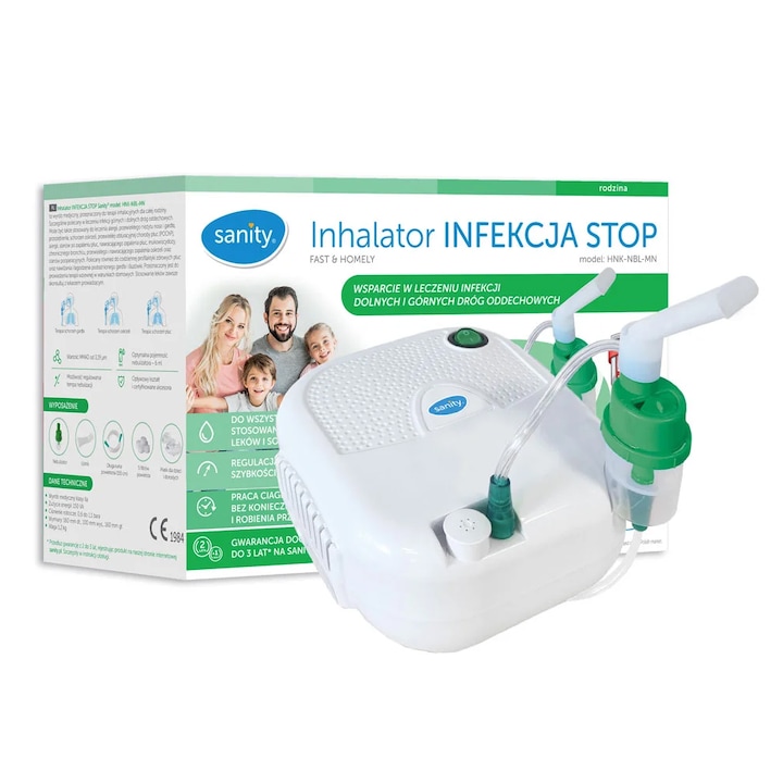 Инхалатор Sanity Stop Infection, aерозолен апарат с компресор, непрекъсната работа, регулируема скорост на пулверизиране, маска за бебета, деца и възрастни, Бяло