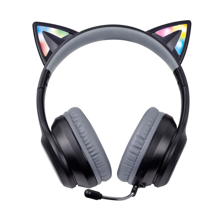 Casti gaming wireless, FoxXray HAB-10 DazzleCat BK, pliabile, urechi de pisica iluminate RGB, Negru