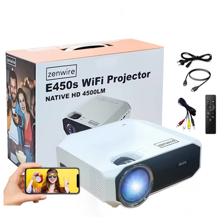 Мини проектор Zenwire e450s WiFi Преносим Full HD Bluetooth проектор за телефон 4500 лм 1500:1 HDMI USB LED