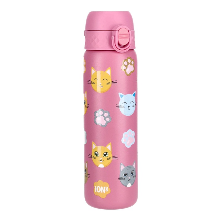 Детска бутилка за термална вода, Ion8, модел Cat, без BPA, неръждаема стомана, 600 ml, розова