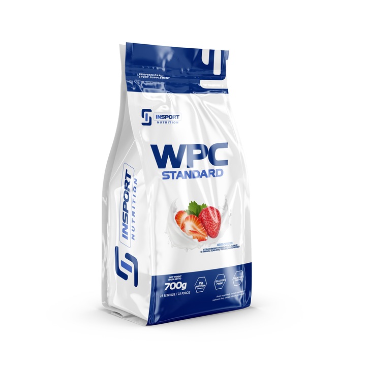 Concentrat proteic, Insport Nutrition WPC STANDARD, BCAA, Supliment sportiv profesional, Preparat bogat in proteine, 700g (23 Portiuni), Aroma: Iaurt cu capsuni