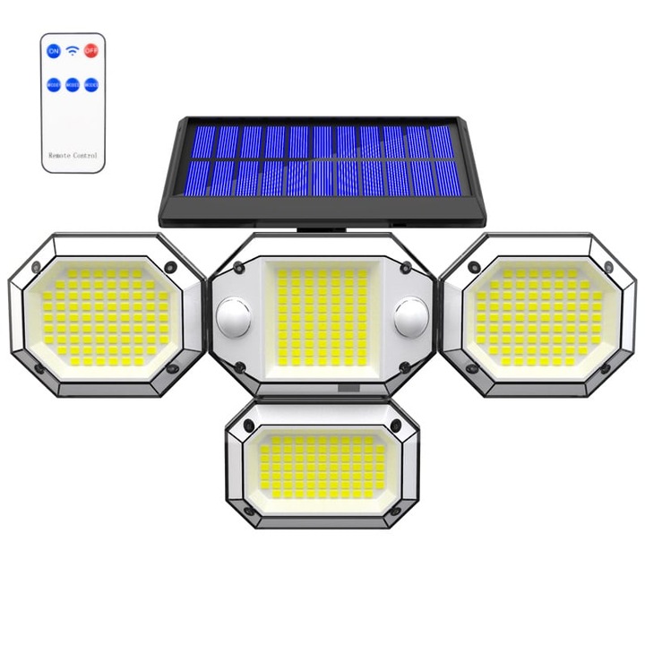 Proiector led solar 30W, cu 4 reflectoare, senzor si telecomanda
