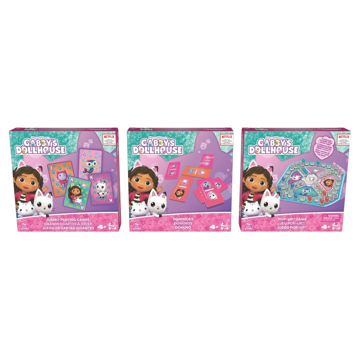 3 db Gabby's Dollhouse Games készlet – Dominók, kártyák és felugró játék