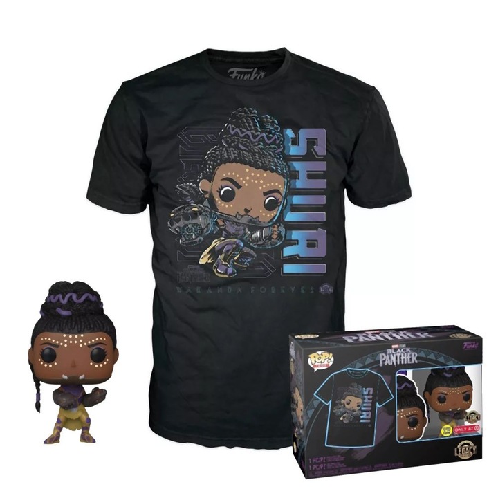 Set tricou si figurina Funko Pop! Marvel Black Panther, Negru, Marimea XL