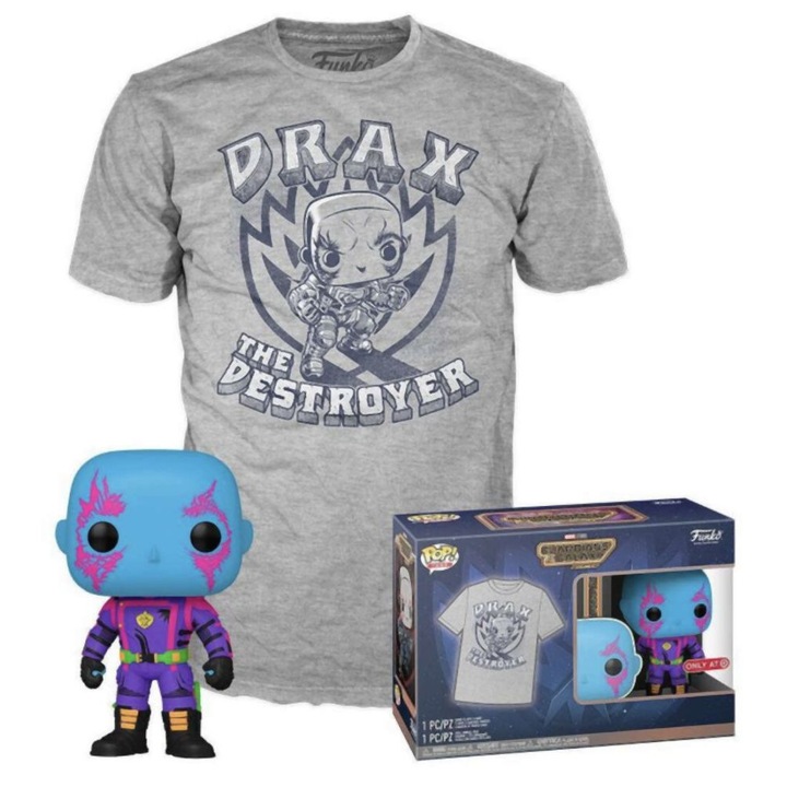 Set tricou + figurina, Funko Pop!, Tricou adulti: Marvel Guardians of the Galaxy - Drax (Blacklight), L