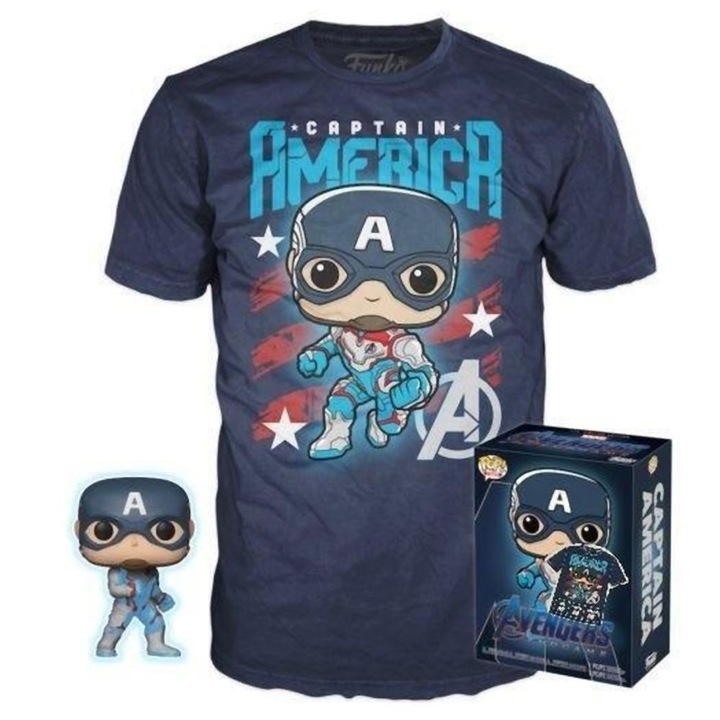 Set Tricou + Figurina, Funko, Pocket Pop!, Tricou copii, M, Marvel - Capitanul America Editie speciala, Figurina din vinil, Bobble-Head, 4 cm