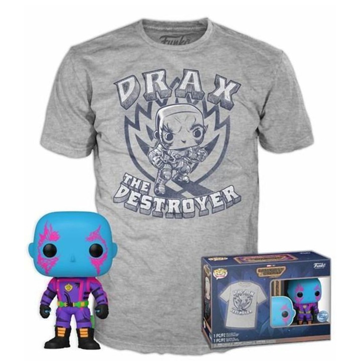Set figurina si tricou Funko Pop! Marvel Guardians of the Galaxy Drax, Multicolor, Marimea M