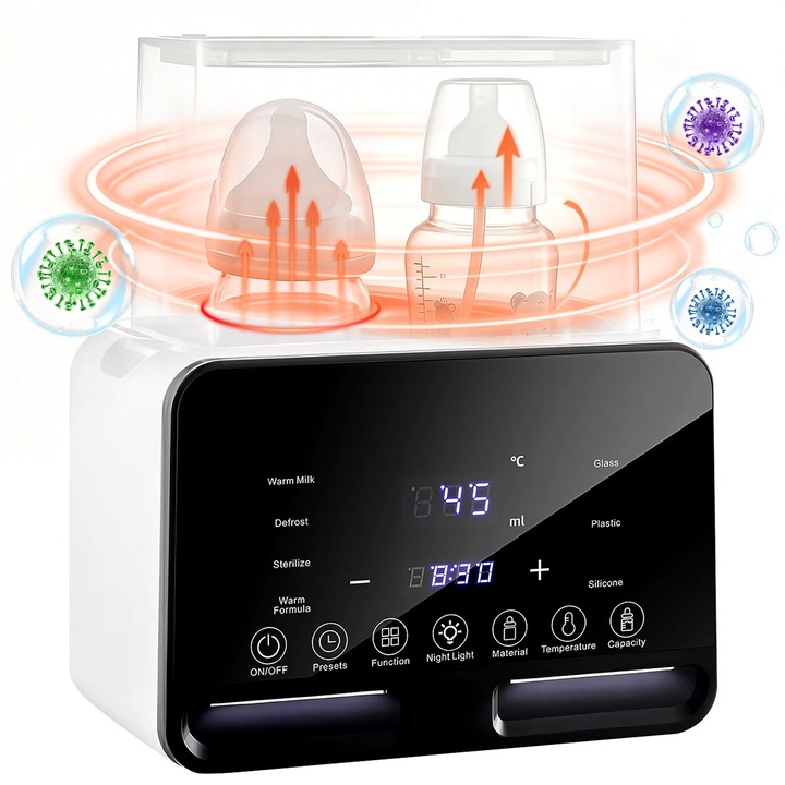 Incalzitor Sterilizator Dublu Biberoane, BYONDSELF®, Multifunctional 9 in 1, Fara BPA, Temperatura constanta 48 ore, Cronometru presetat, Prevenirea arderii uscate, Lumina de noapte, alb