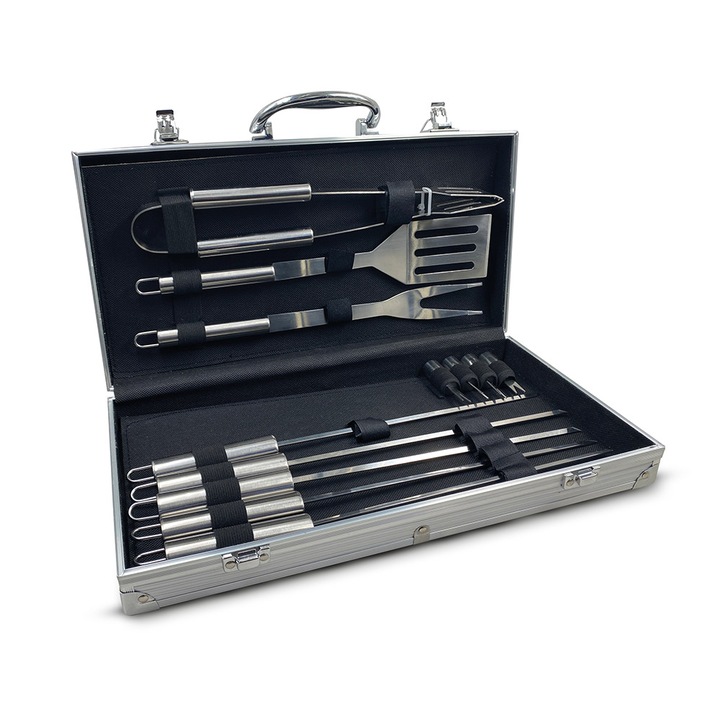 Set de ustensile pentru gratar, The source, Cutie depozitare inclusa, Inox, 14 bucati