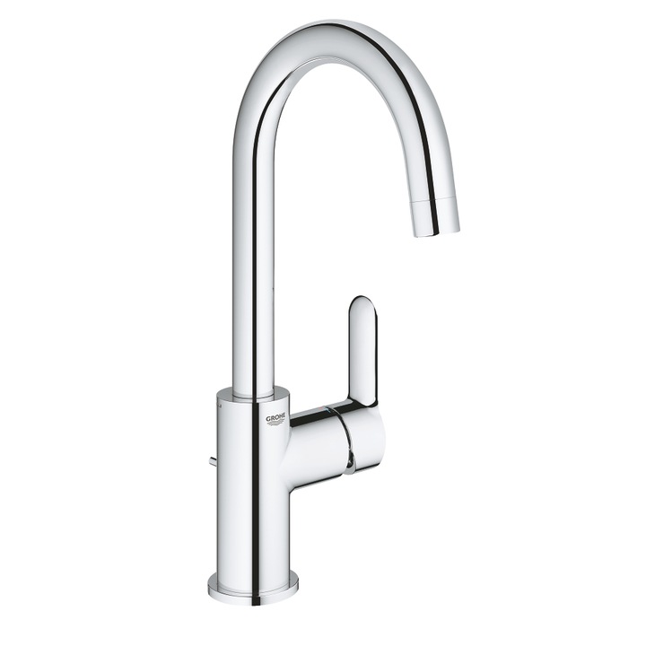 Смесител за мивка Grohe BauEdge 23760000, 3/8'', Едноръкохватков, Размер L, Керамичен патрон, Въртящ се, Ограничител, Хром