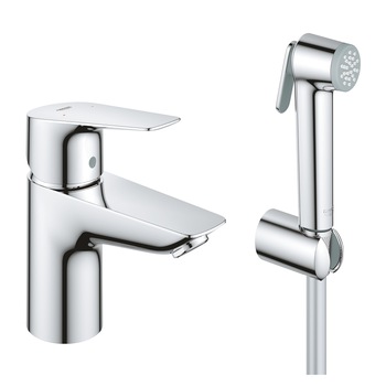 Set baterie lavoar Grohe BauEdge 23757001, 3/8'', marime S, H 15.3 cm, dus igienic, cartus ceramic, fara evacuare, crom