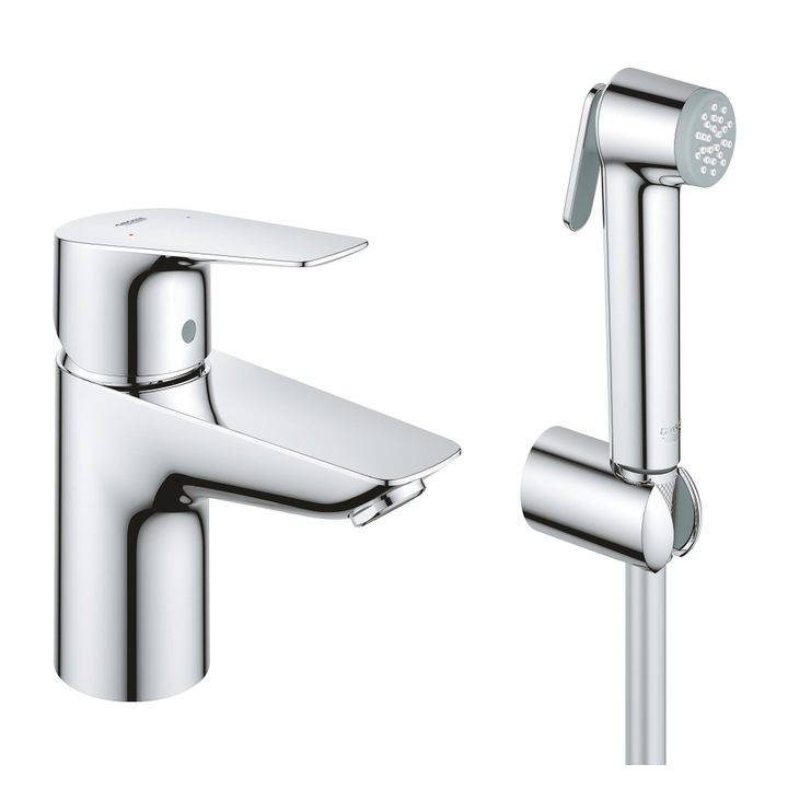 Комплект смесител за умивалник Grohe BauEdge 23757001, 3/8'', Размер S, H 15.3 см, Хигиеничен душ, Керамичен патрон, Без изход, Хром
