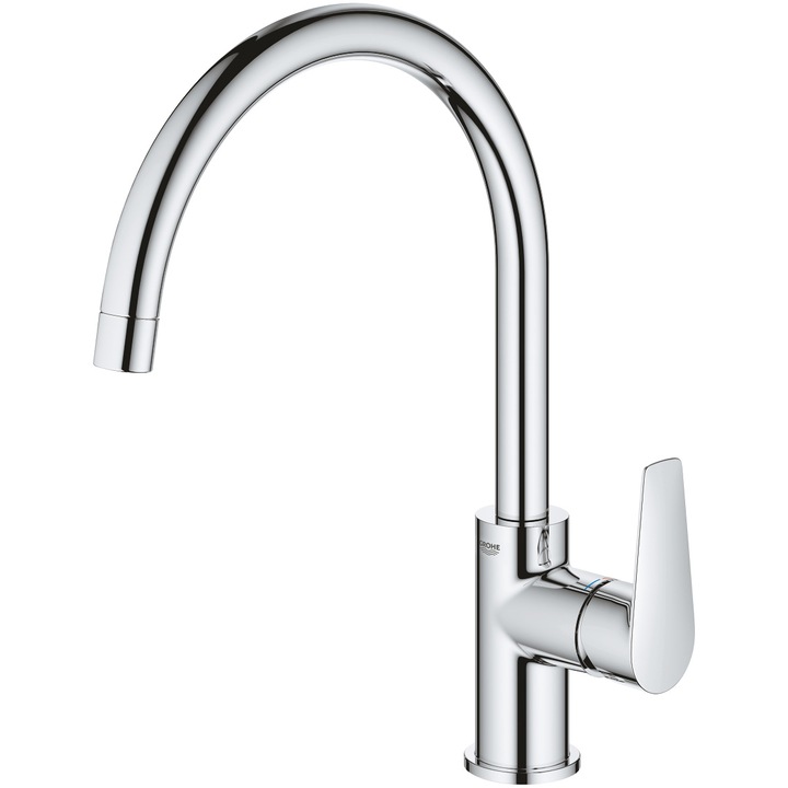 Смесител за кухня Grohe BauEdge 31367001, 3/8'', Едноръкохватков, Висок чучур, Тип C, Керамичен картуш, Въртящ се, Ограничител, Хром