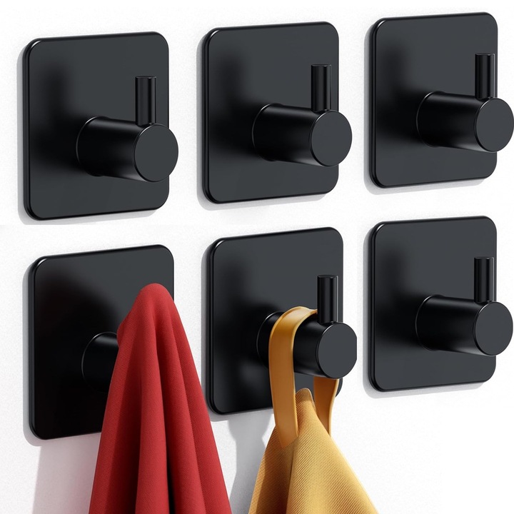 Set 6 carlige de prosoape, NUODWELL, Montare cu benzi autoadezive, Capacitate maxima de incarcare 5 kg, Impermeabil, Poate fi folosit in baie, Bucatarie, Dormitor, Otel inoxidabil, 4.5 x 4.5 cm, Negru