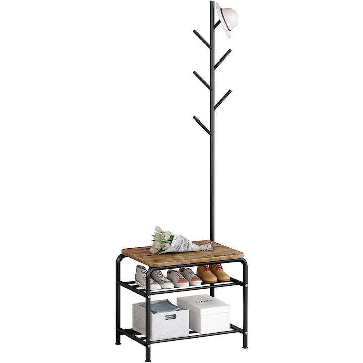 Cuier Quasar & Co.®, cu bancuta si raft incaltaminte, mobila hol, 54x35x170,5 cm, lemn/metal, negru
